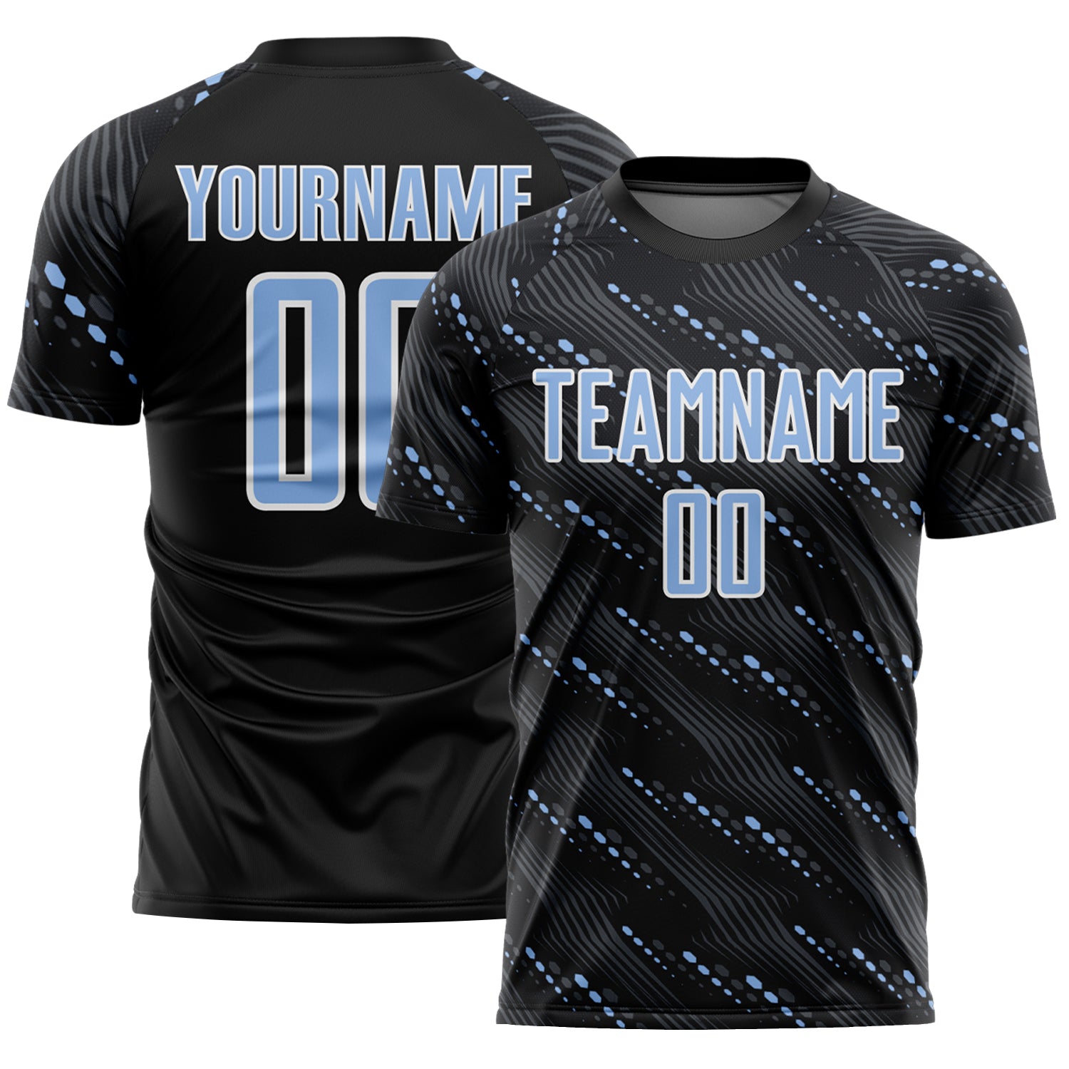 Custom Black Light Blue-White Slant Lines Sports Sublimation Soccer Uniform Jersey