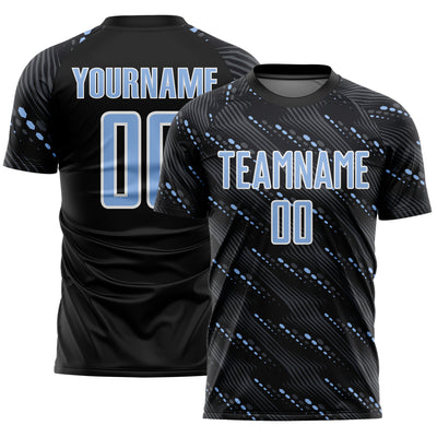 Custom Black Light Blue-White Slant Lines Sports Sublimation Soccer Uniform Jersey