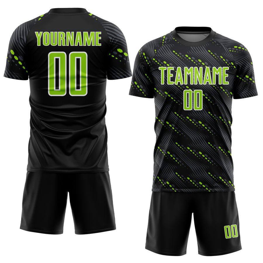 Custom Black Neon Green-White Slant Lines Sports Sublimation Soccer Uniform Jersey