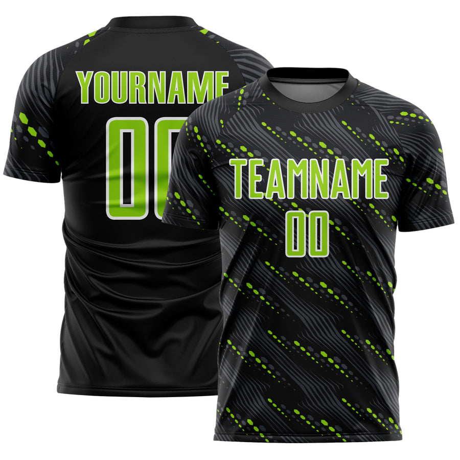 Custom Black Neon Green-White Slant Lines Sports Sublimation Soccer Uniform Jersey