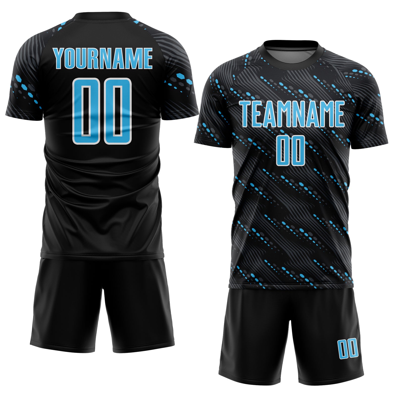 Custom Black Sky Blue-White Slant Lines Sports Sublimation Soccer Uniform Jersey