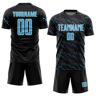 Custom Black Sky Blue-White Slant Lines Sports Sublimation Soccer Uniform Jersey
