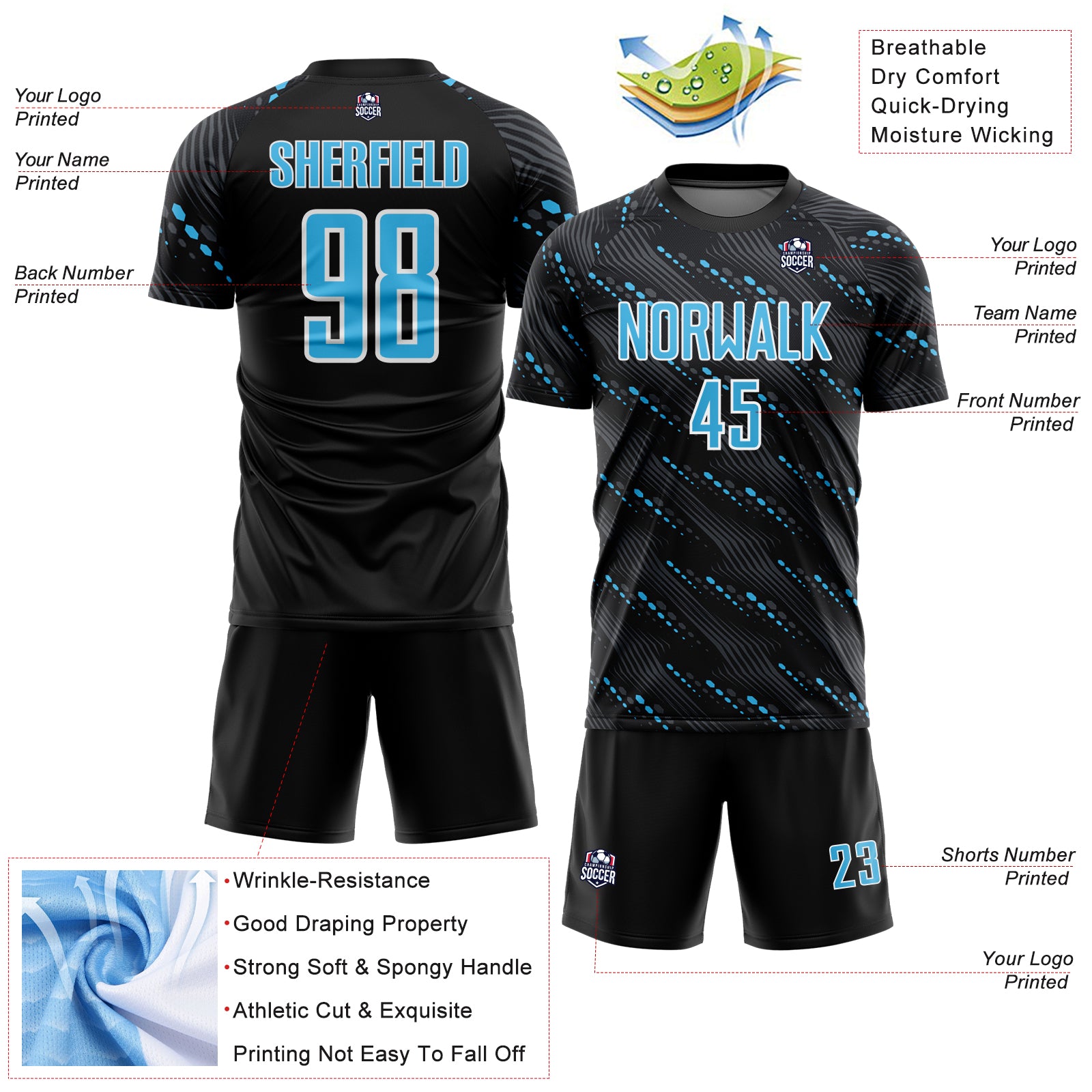 Custom Black Sky Blue-White Slant Lines Sports Sublimation Soccer Uniform Jersey