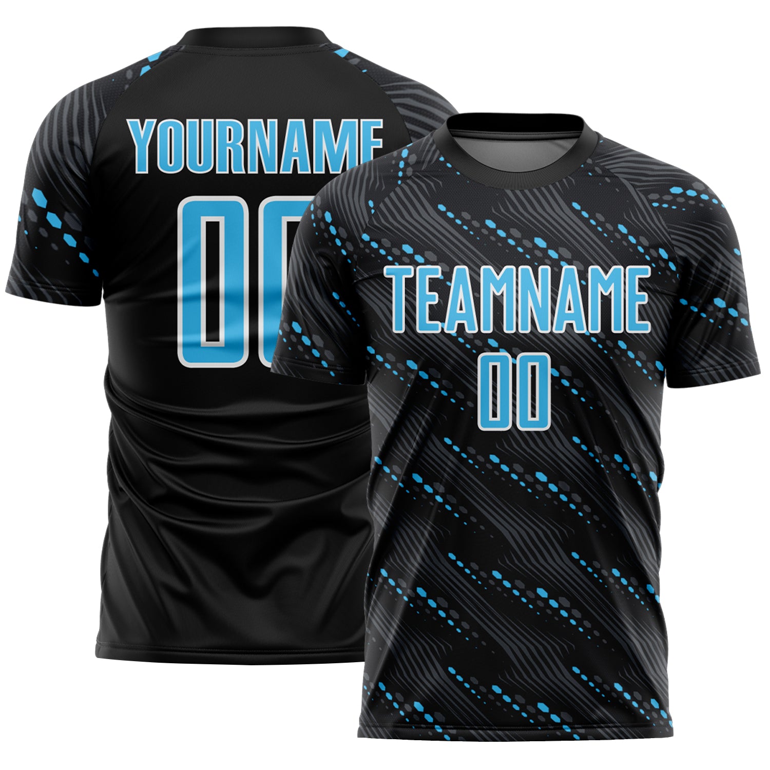 Custom Black Sky Blue-White Slant Lines Sports Sublimation Soccer Uniform Jersey