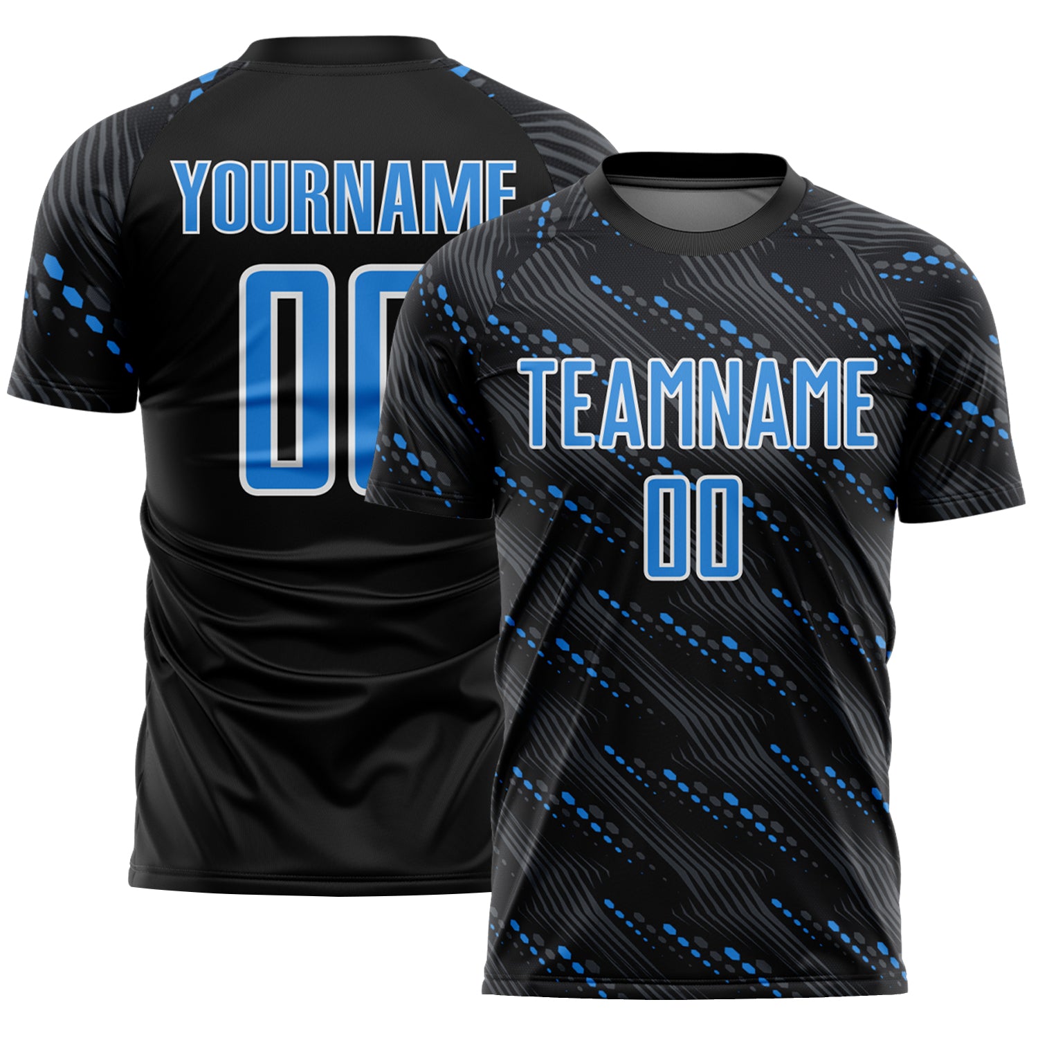 Custom Black Powder Blue-White Slant Lines Sports Sublimation Soccer Uniform Jersey