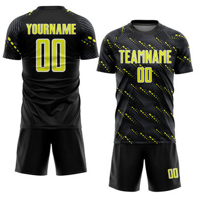 Custom Black Neon Yellow-White Slant Lines Sports Sublimation Soccer Uniform Jersey