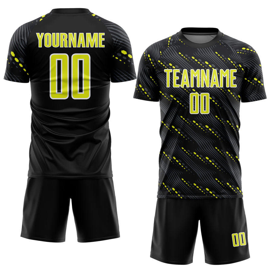 Custom Black Neon Yellow-White Slant Lines Sports Sublimation Soccer Uniform Jersey