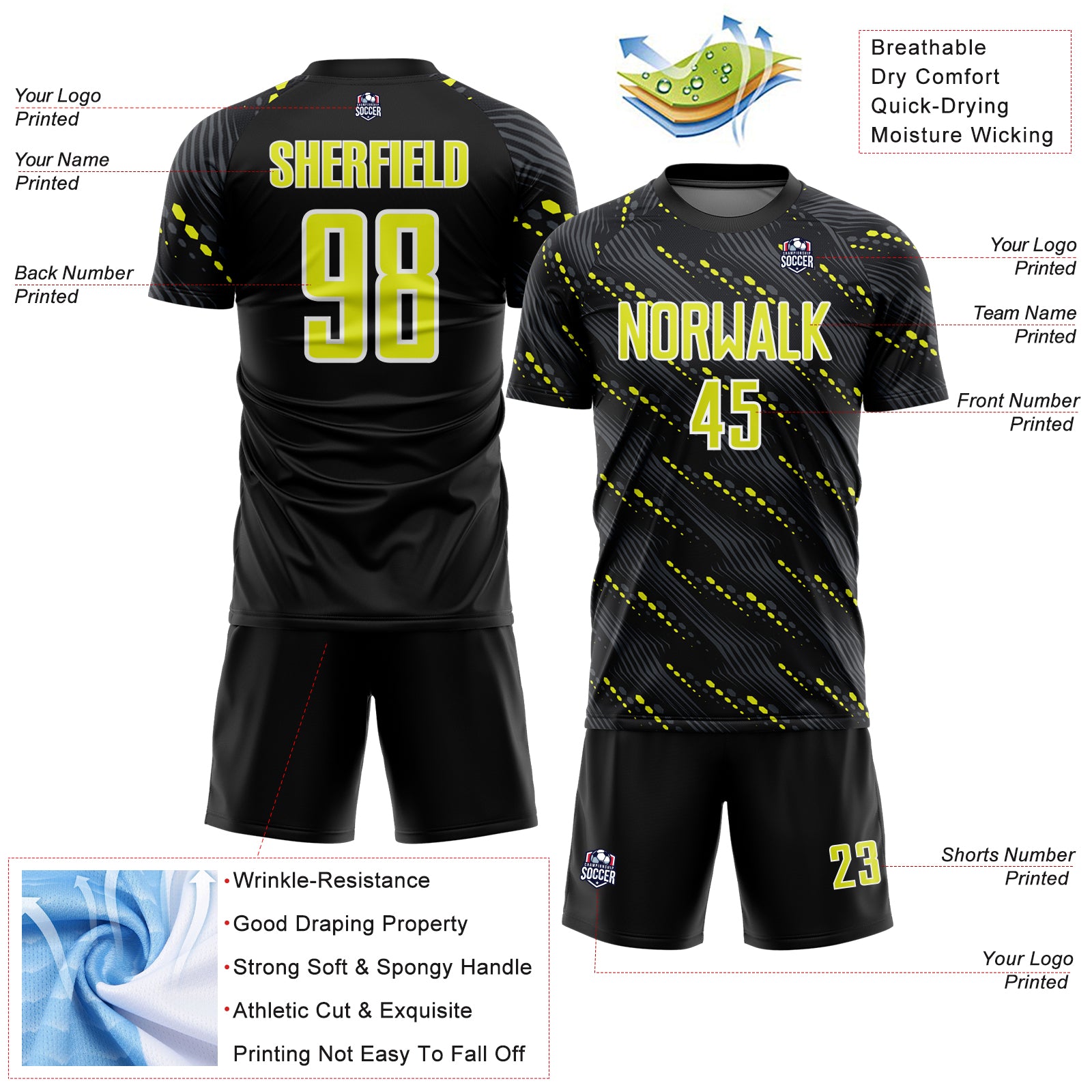 Custom Black Neon Yellow-White Slant Lines Sports Sublimation Soccer Uniform Jersey