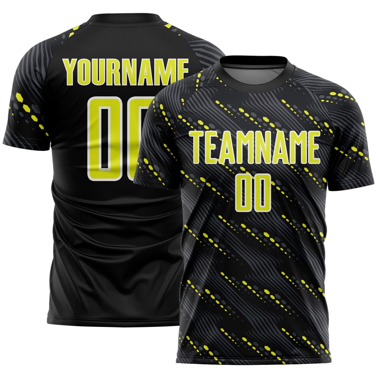 Custom Black Neon Yellow-White Slant Lines Sports Sublimation Soccer Uniform Jersey