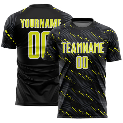 Custom Black Neon Yellow-White Slant Lines Sports Sublimation Soccer Uniform Jersey
