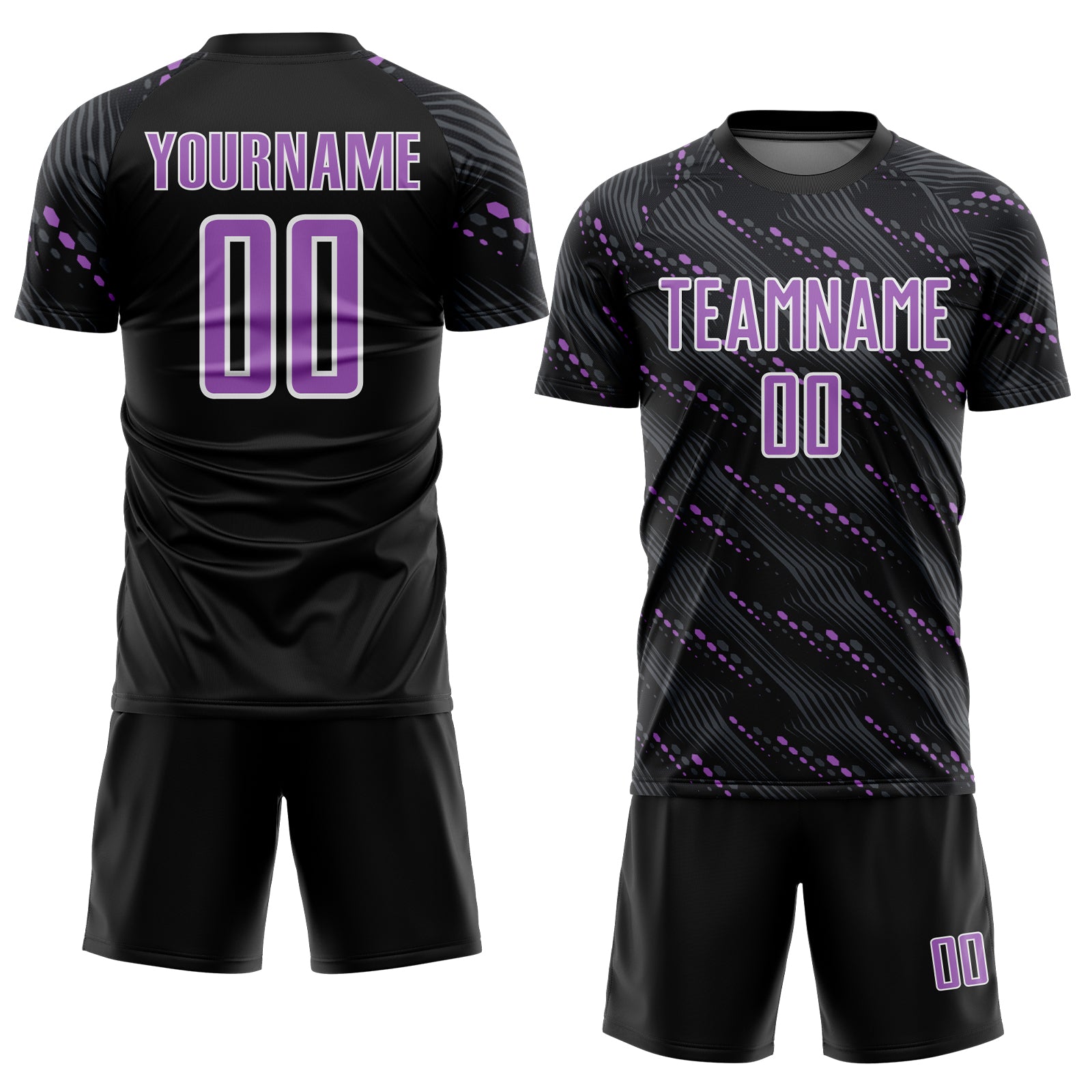 Custom Black Medium Purple-White Slant Lines Sports Sublimation Soccer Uniform Jersey