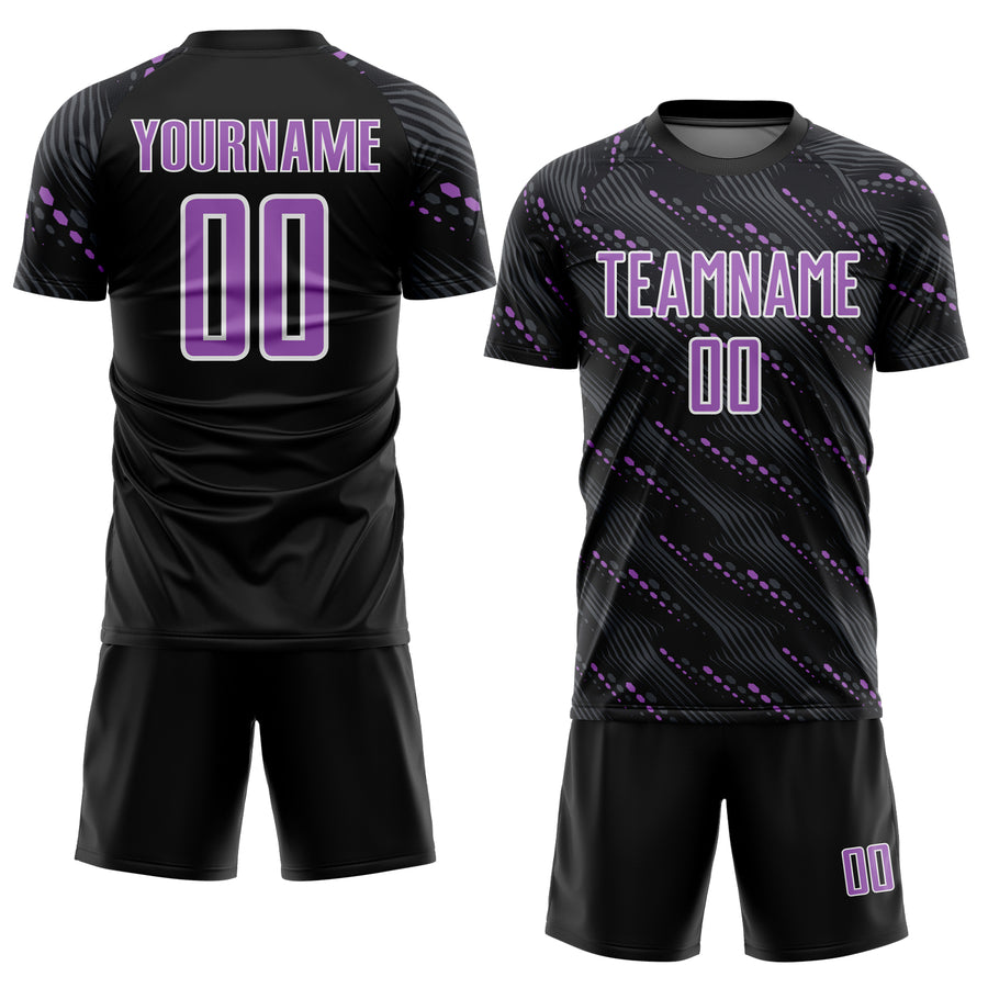 Custom Black Medium Purple-White Slant Lines Sports Sublimation Soccer Uniform Jersey