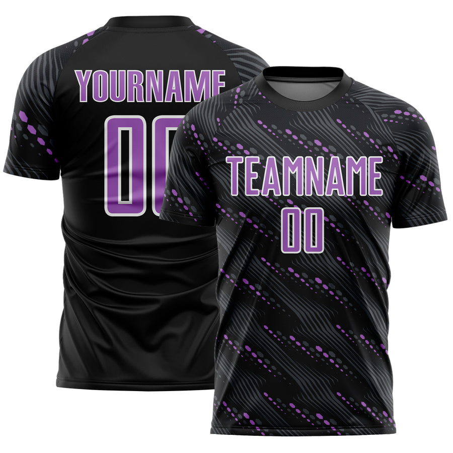 Custom Black Medium Purple-White Slant Lines Sports Sublimation Soccer Uniform Jersey