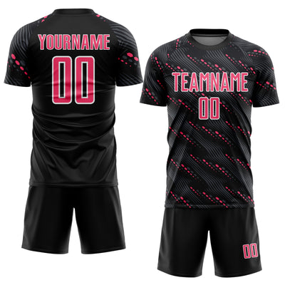 Custom Black Neon Pink-White Slant Lines Sports Sublimation Soccer Uniform Jersey