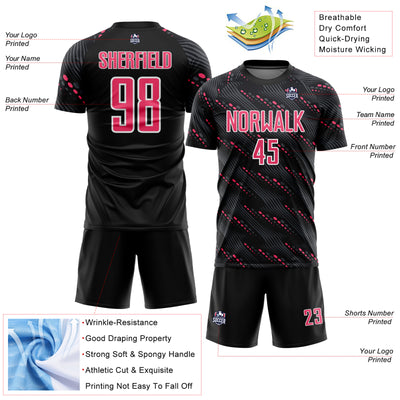 Custom Black Neon Pink-White Slant Lines Sports Sublimation Soccer Uniform Jersey