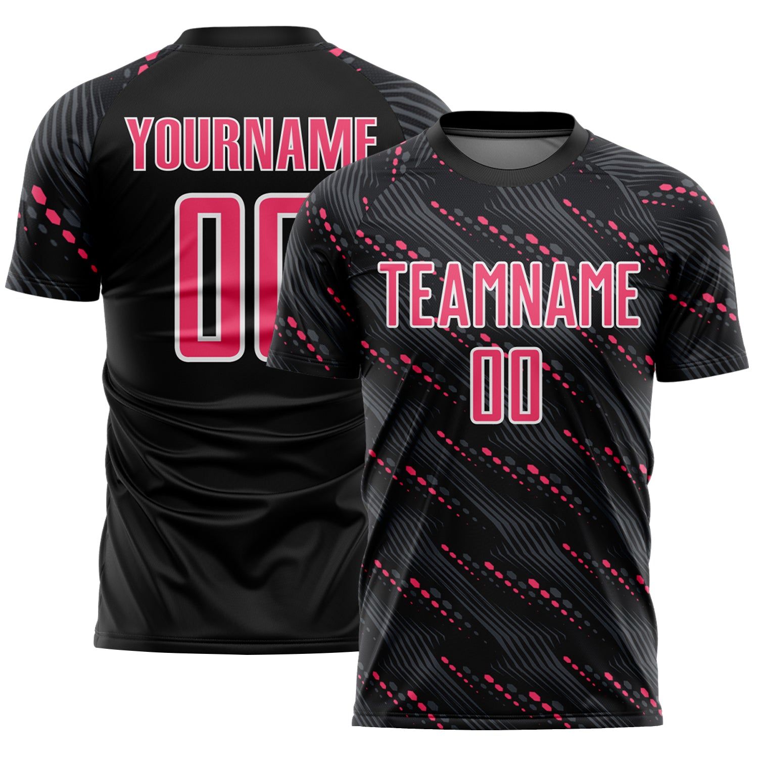 Custom Black Neon Pink-White Slant Lines Sports Sublimation Soccer Uniform Jersey