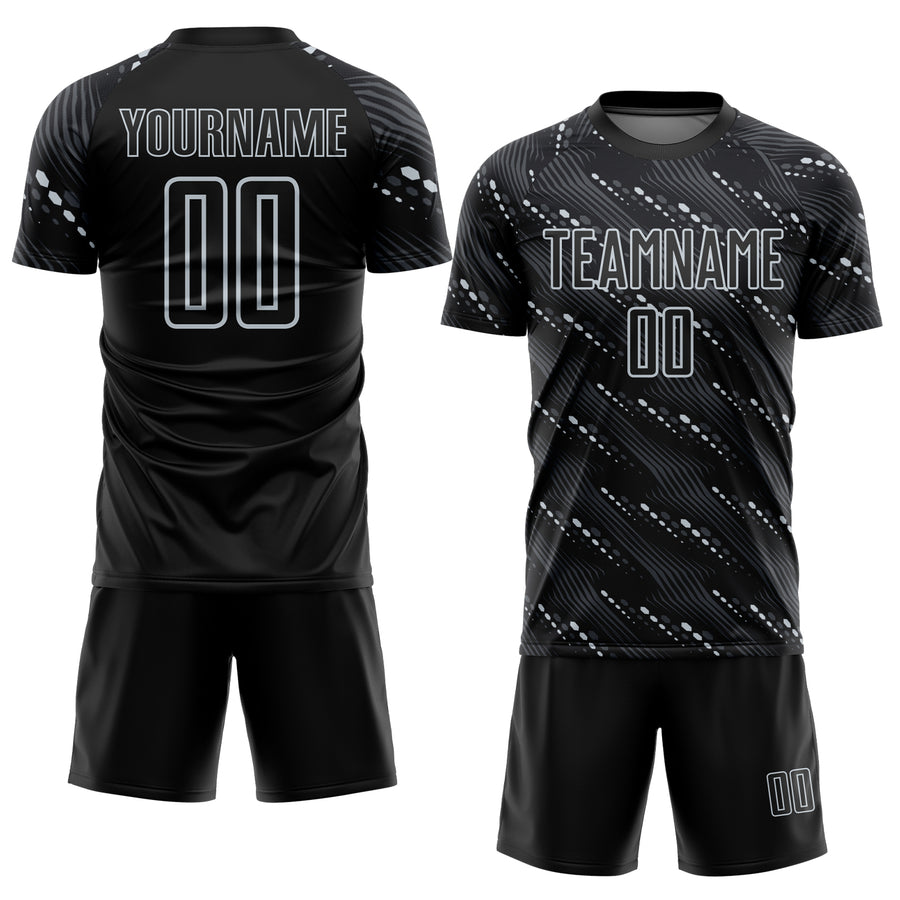 Custom Black Silver Slant Lines Sports Sublimation Soccer Uniform Jersey