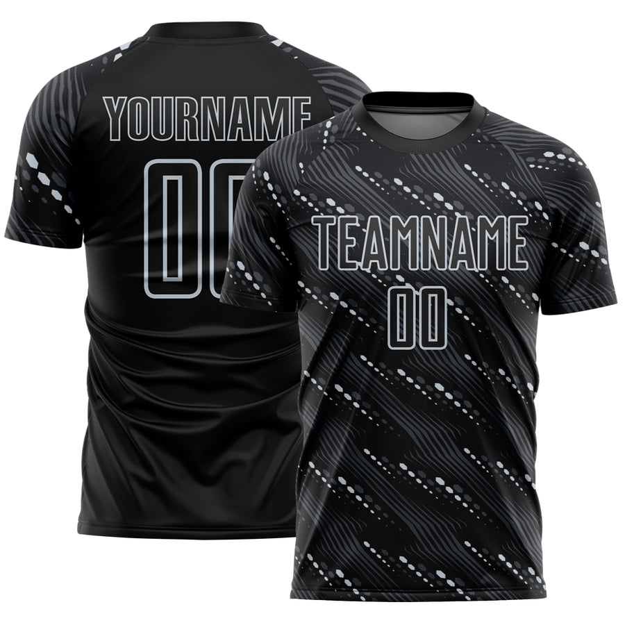 Custom Black Silver Slant Lines Sports Sublimation Soccer Uniform Jersey