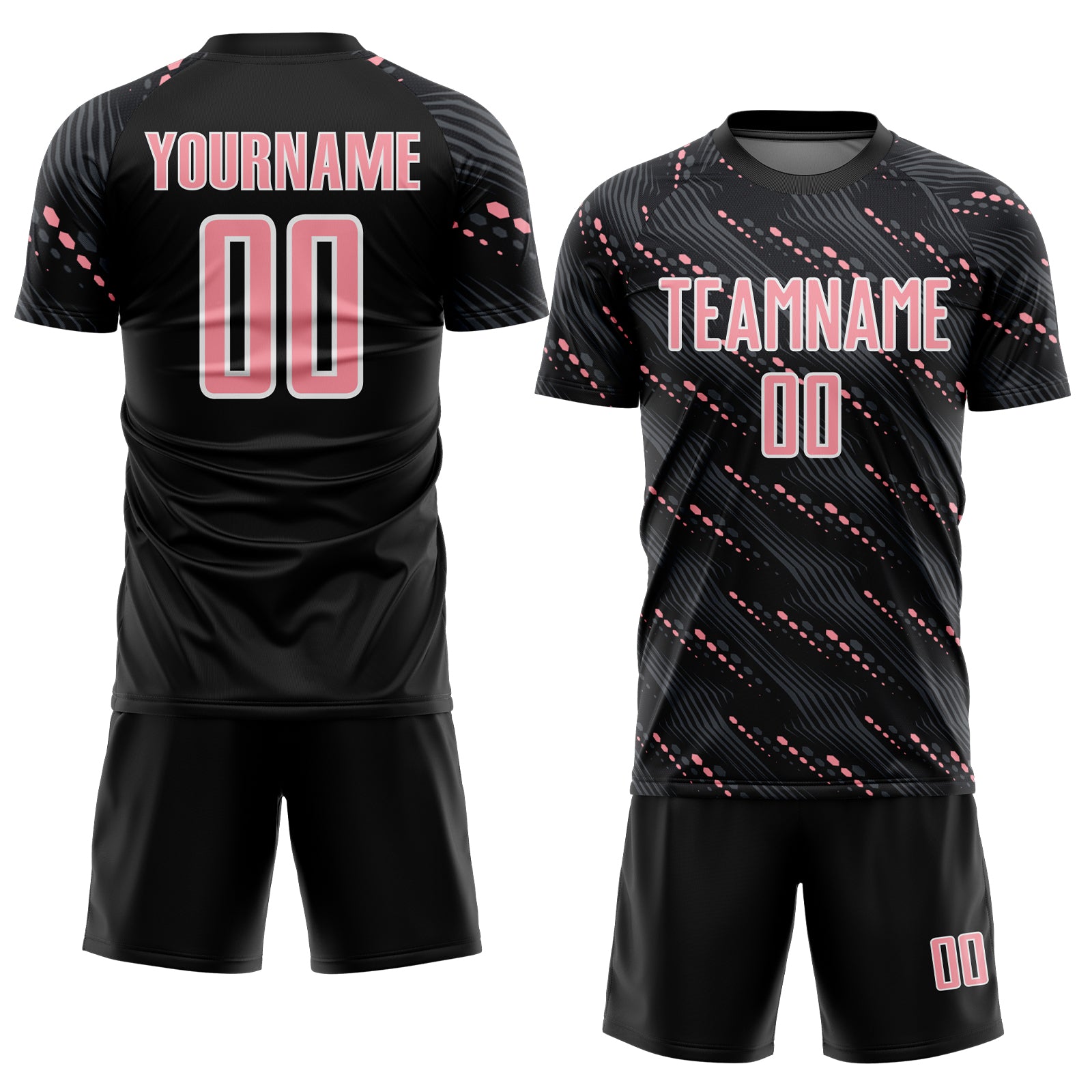 Custom Black Medium Pink-White Slant Lines Sports Sublimation Soccer Uniform Jersey