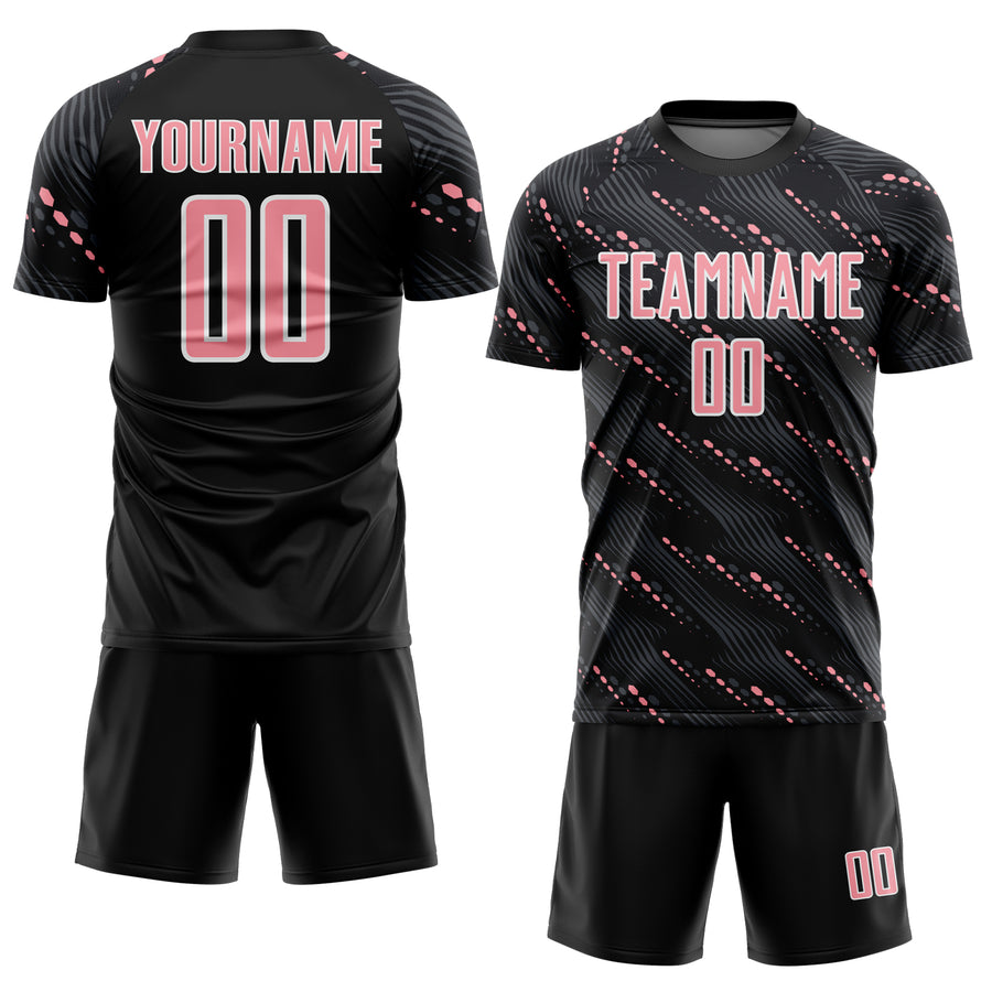 Custom Black Medium Pink-White Slant Lines Sports Sublimation Soccer Uniform Jersey
