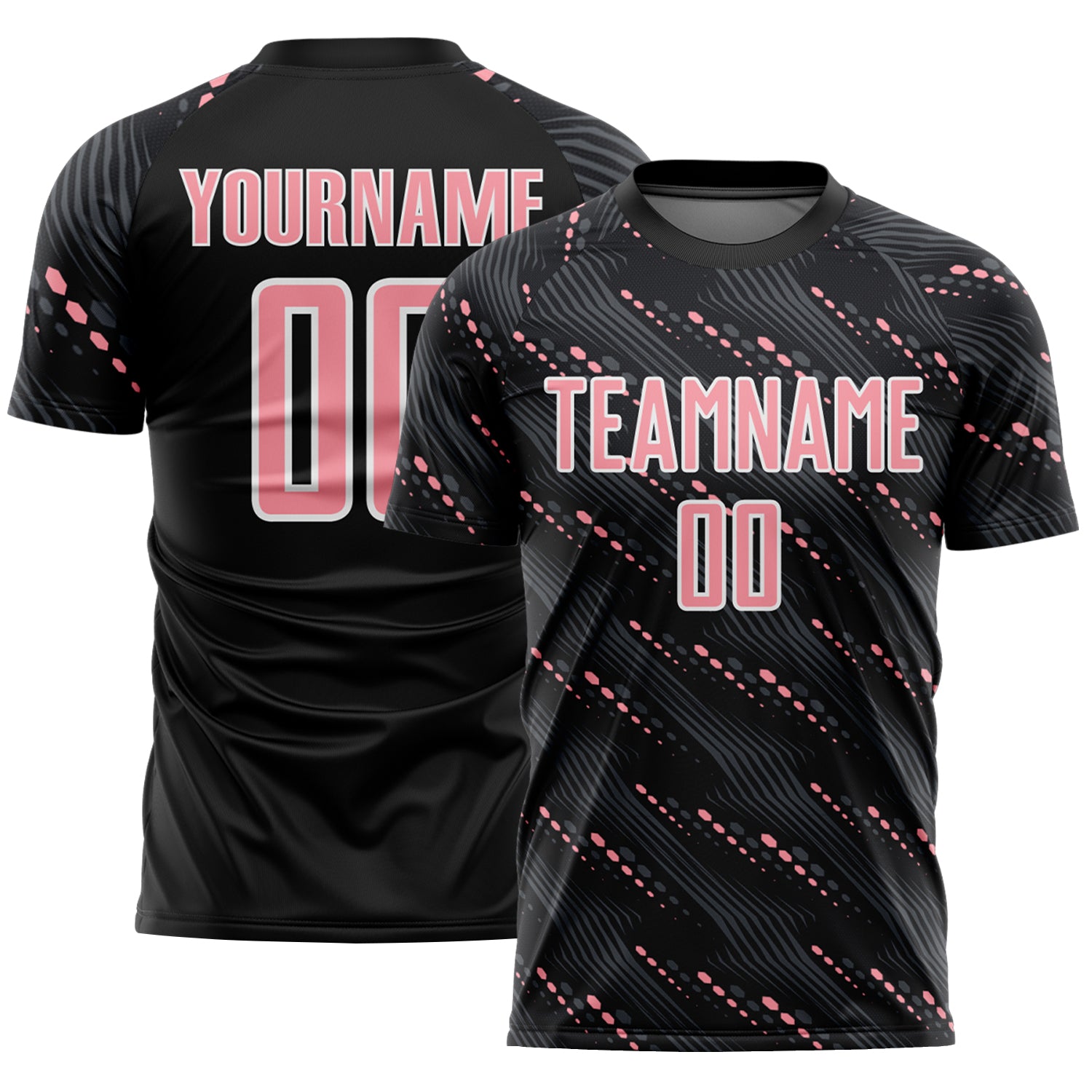 Custom Black Medium Pink-White Slant Lines Sports Sublimation Soccer Uniform Jersey