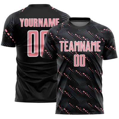 Custom Black Medium Pink-White Slant Lines Sports Sublimation Soccer Uniform Jersey