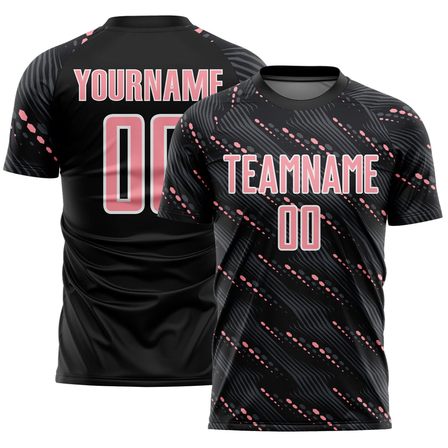 Custom Black Medium Pink-White Slant Lines Sports Sublimation Soccer Uniform Jersey