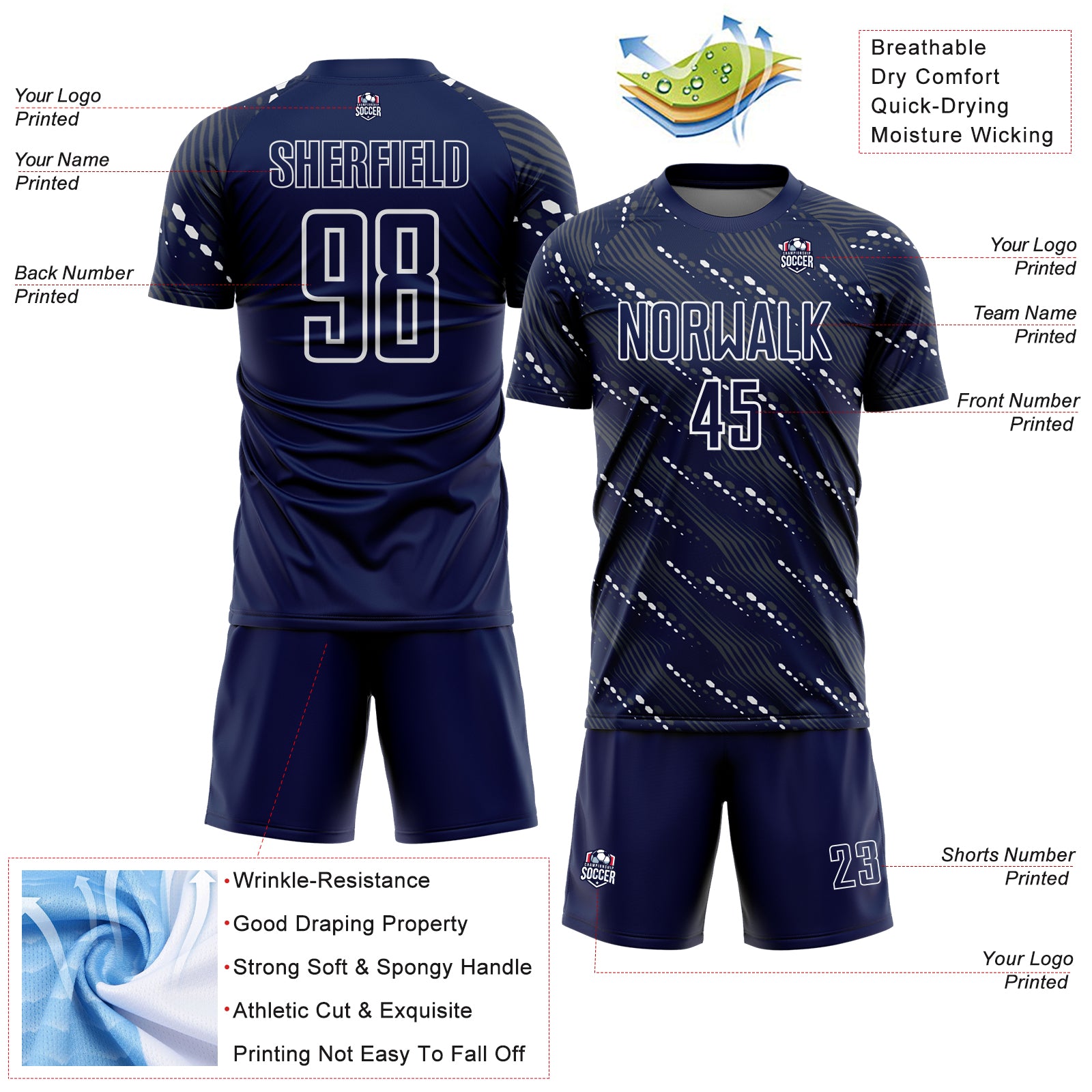 Custom Navy White Slant Lines Sports Sublimation Soccer Uniform Jersey