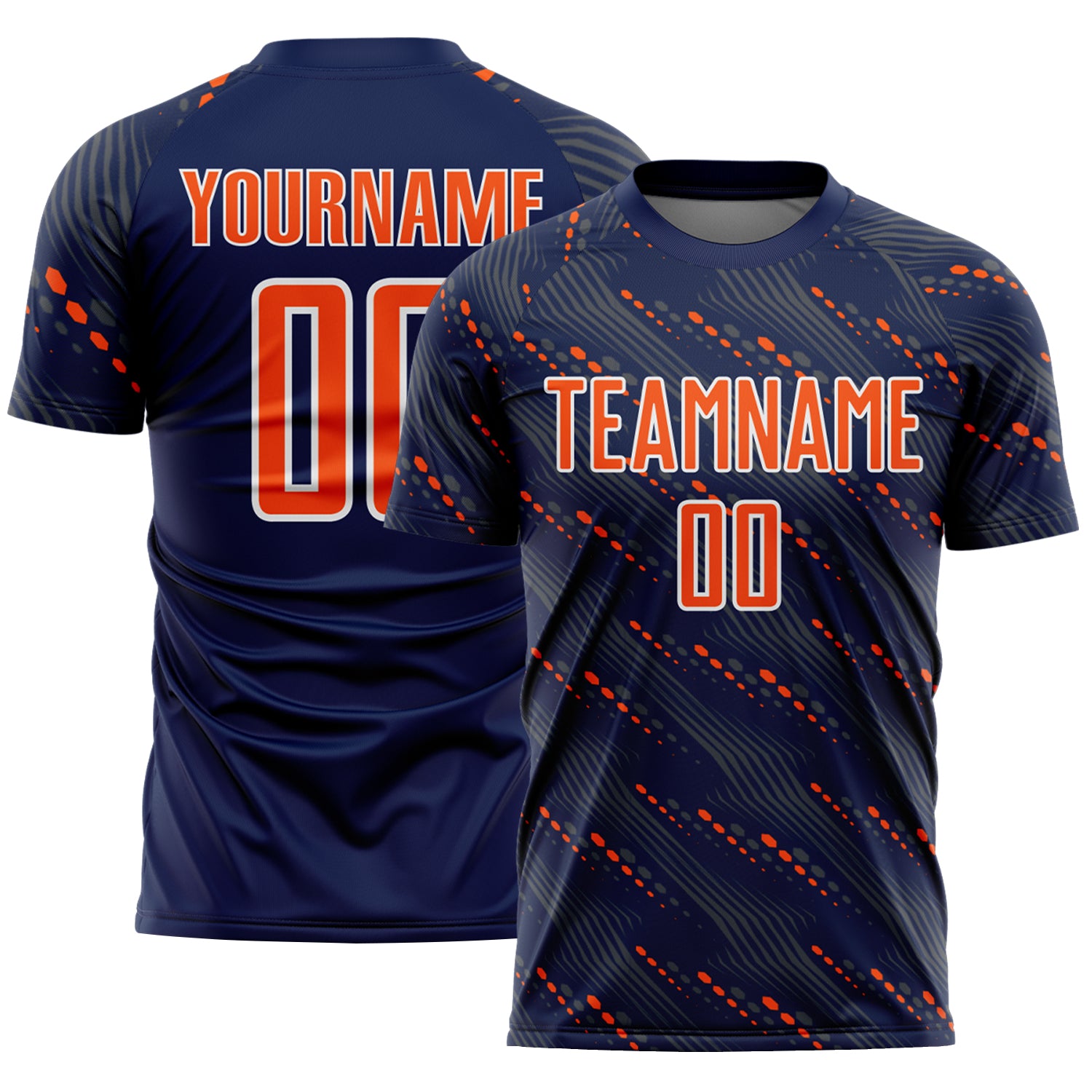 Custom Navy Orange-White Slant Lines Sports Sublimation Soccer Uniform Jersey