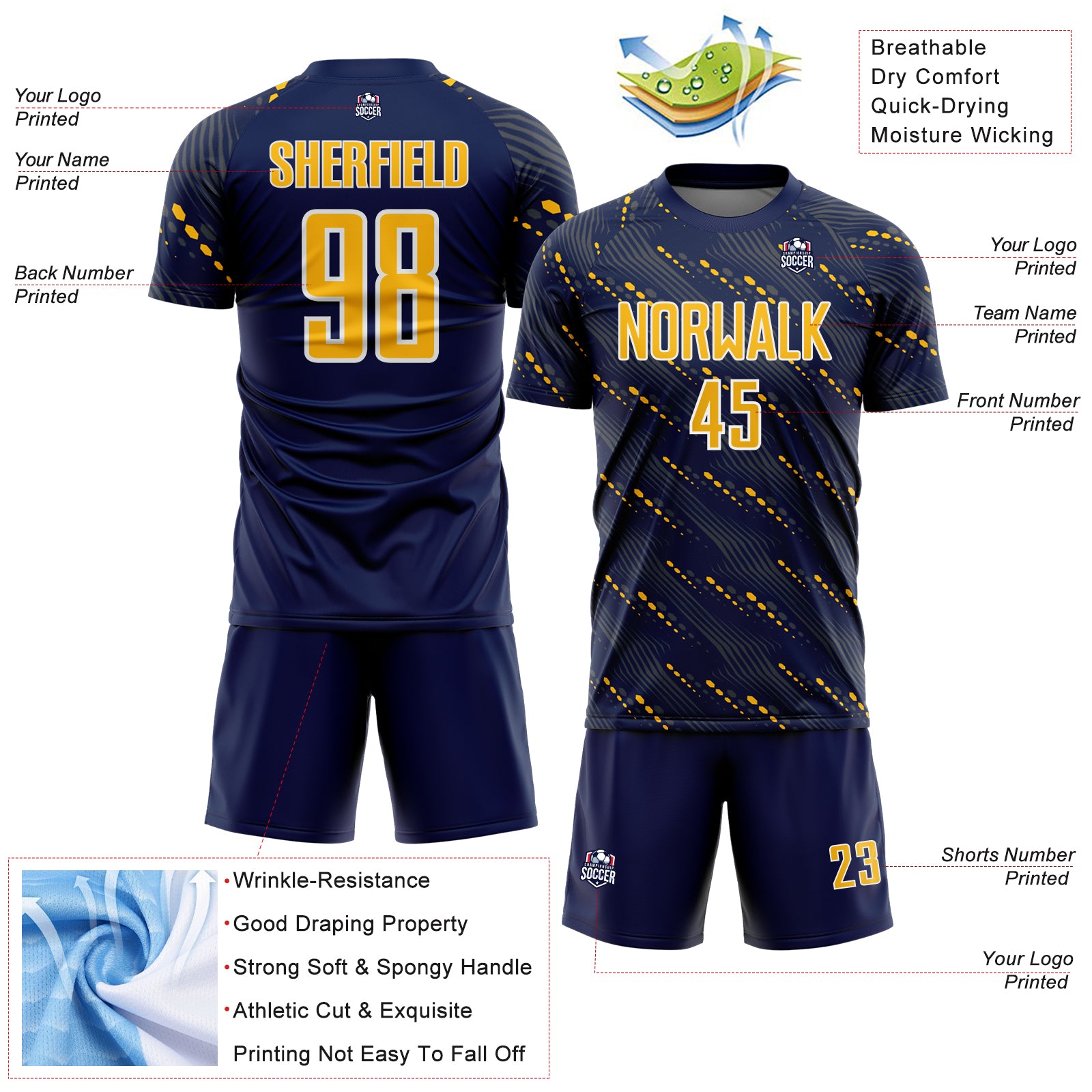 Custom Navy Gold-White Slant Lines Sports Sublimation Soccer Uniform Jersey