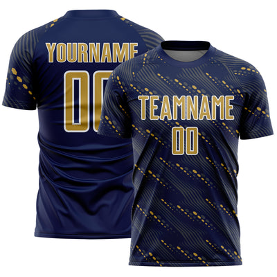 Custom Navy Old Gold-White Slant Lines Sports Sublimation Soccer Uniform Jersey
