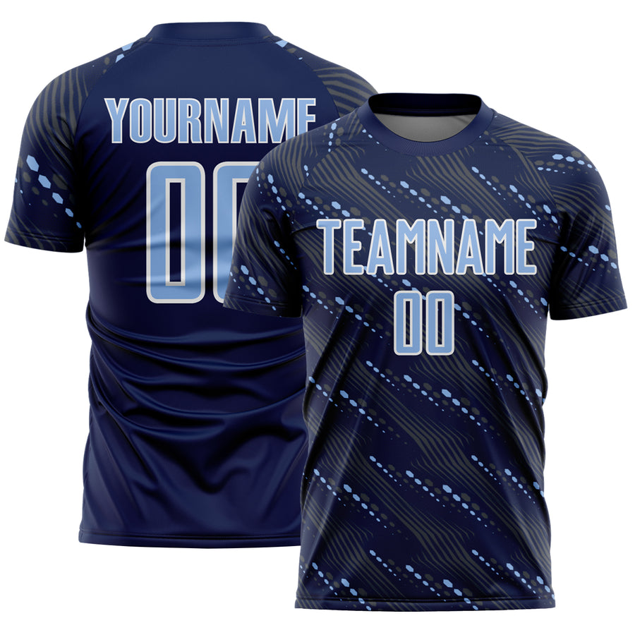 Custom Navy Light Blue-White Slant Lines Sports Sublimation Soccer Uniform Jersey