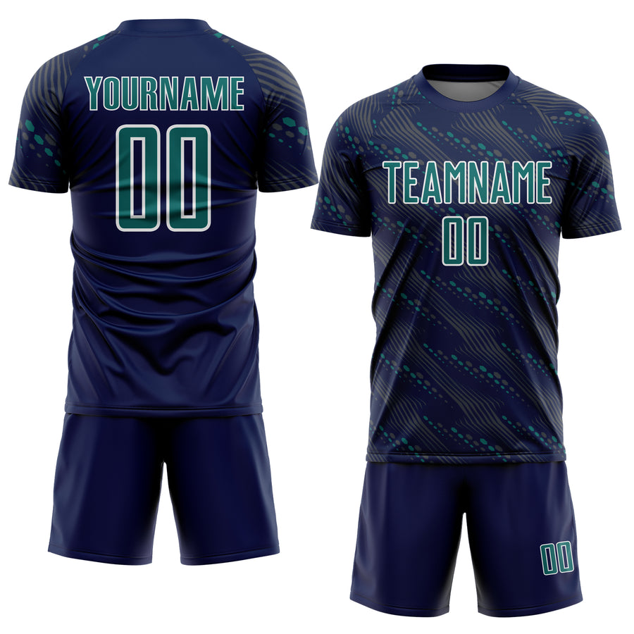 Custom Navy Teal-White Slant Lines Sports Sublimation Soccer Uniform Jersey