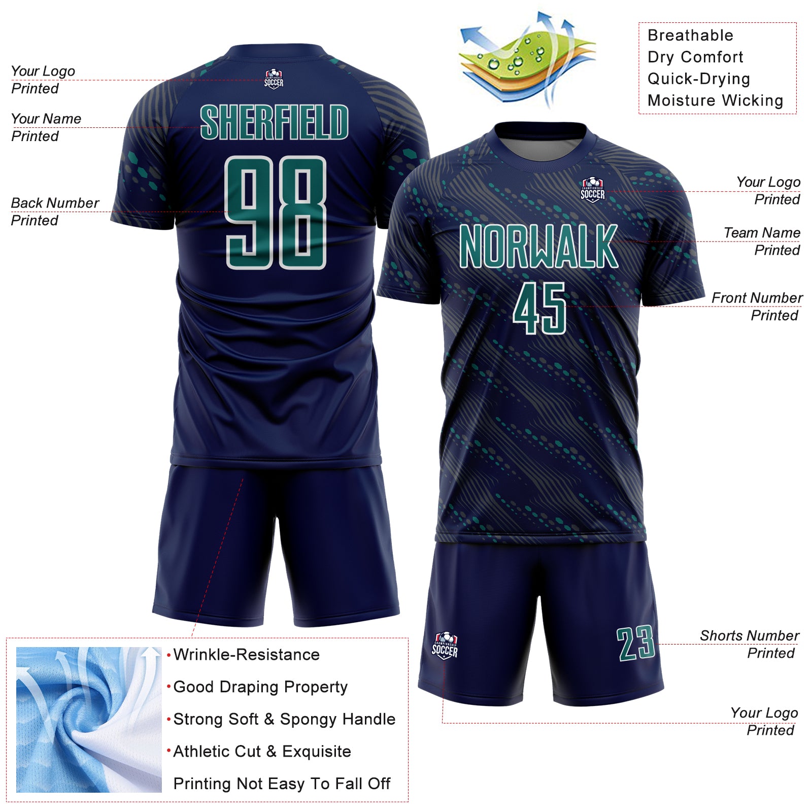 Custom Navy Teal-White Slant Lines Sports Sublimation Soccer Uniform Jersey
