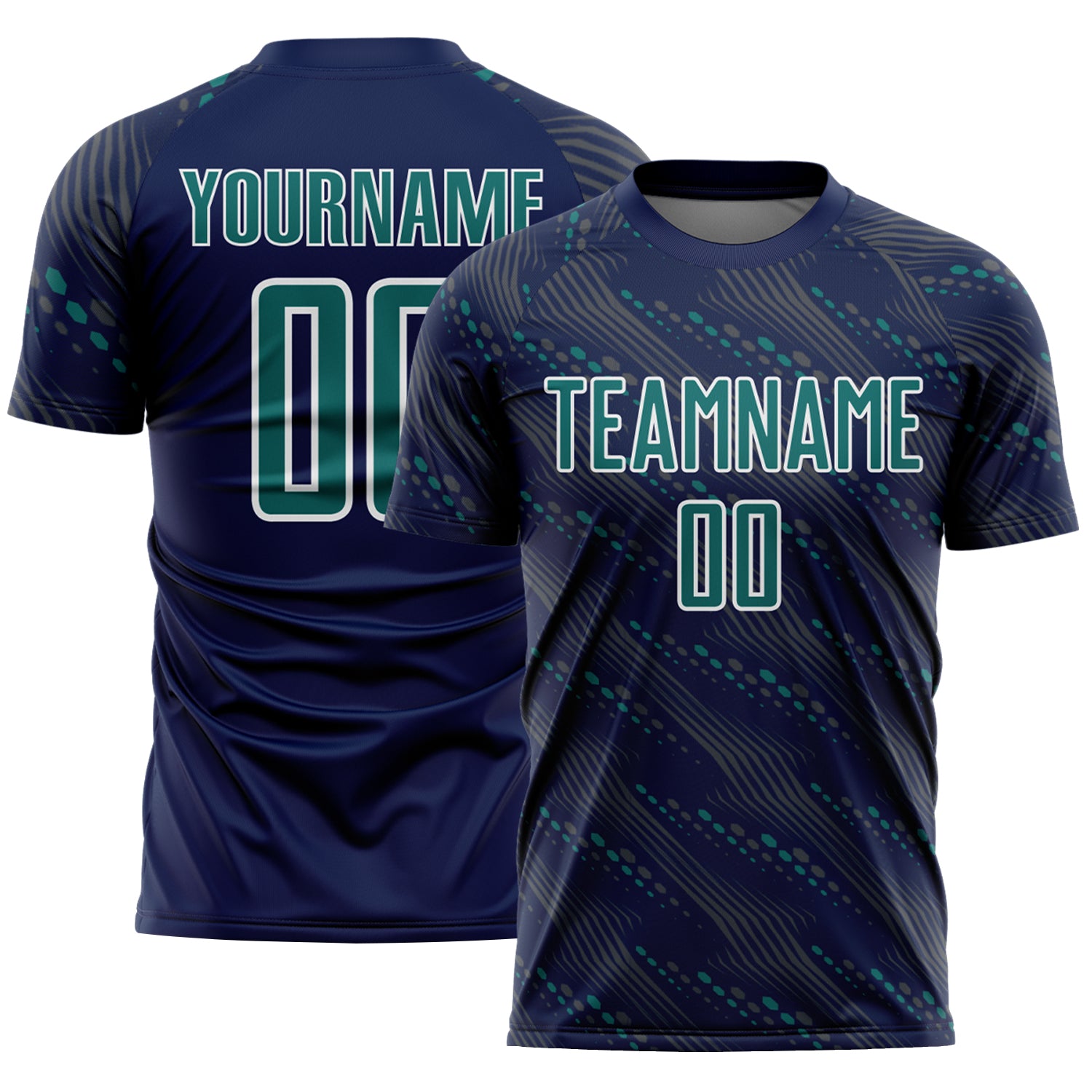 Custom Navy Teal-White Slant Lines Sports Sublimation Soccer Uniform Jersey