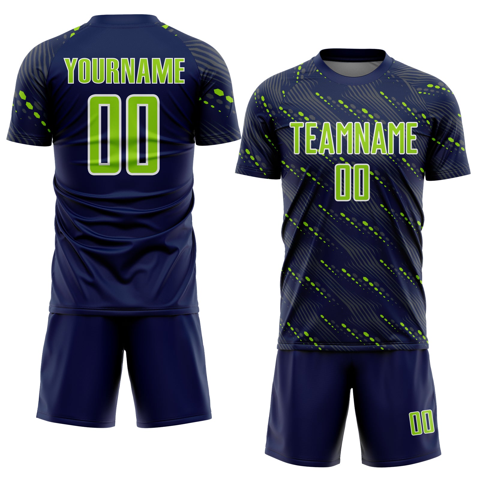 Custom Navy Neon Green-White Slant Lines Sports Sublimation Soccer Uniform Jersey