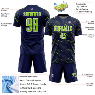 Custom Navy Neon Green-White Slant Lines Sports Sublimation Soccer Uniform Jersey