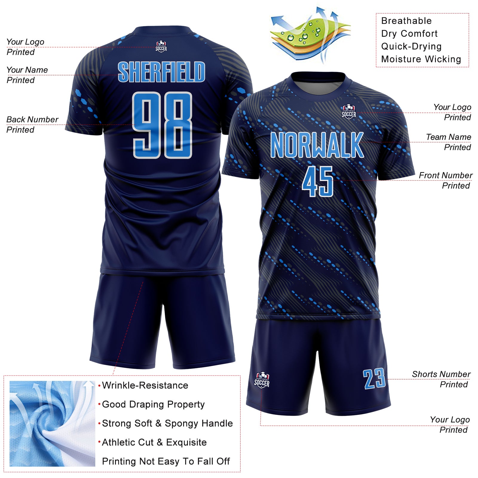 Custom Navy Powder Blue-White Slant Lines Sports Sublimation Soccer Uniform Jersey