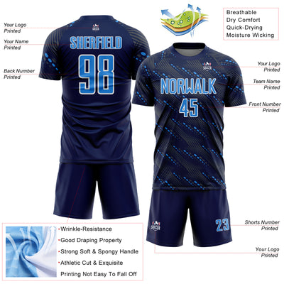 Custom Navy Powder Blue-White Slant Lines Sports Sublimation Soccer Uniform Jersey