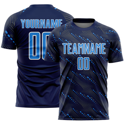 Custom Navy Powder Blue-White Slant Lines Sports Sublimation Soccer Uniform Jersey