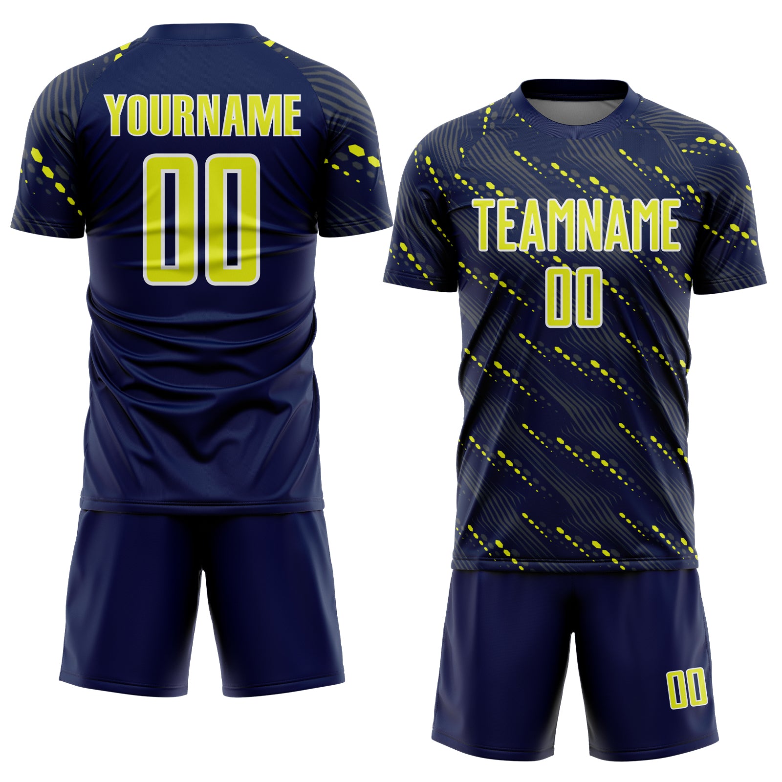 Custom Navy Neon Yellow-White Slant Lines Sports Sublimation Soccer Uniform Jersey