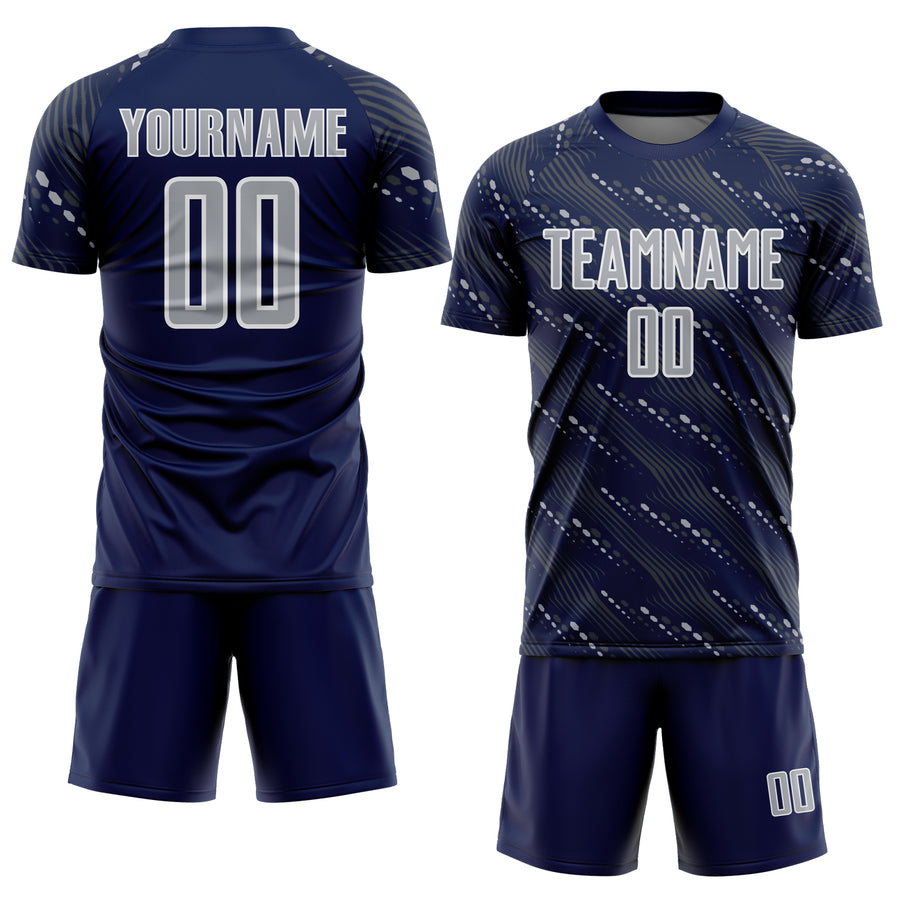 Custom Navy Gray-White Slant Lines Sports Sublimation Soccer Uniform Jersey