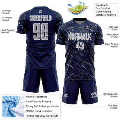 Custom Navy Gray-White Slant Lines Sports Sublimation Soccer Uniform Jersey