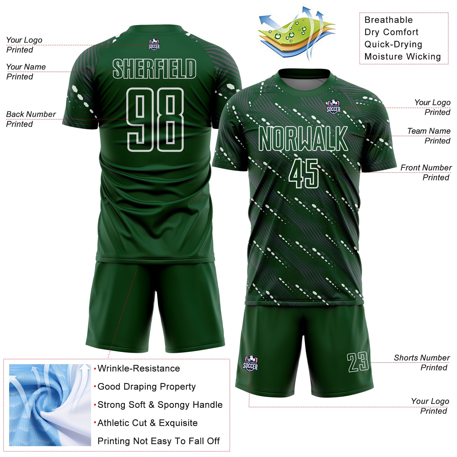 Custom Green White Slant Lines Sports Sublimation Soccer Uniform Jersey