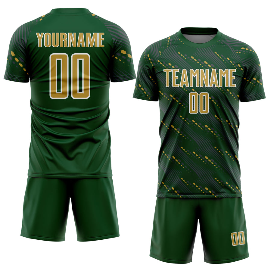 Custom Green Old Gold-White Slant Lines Sports Sublimation Soccer Uniform Jersey