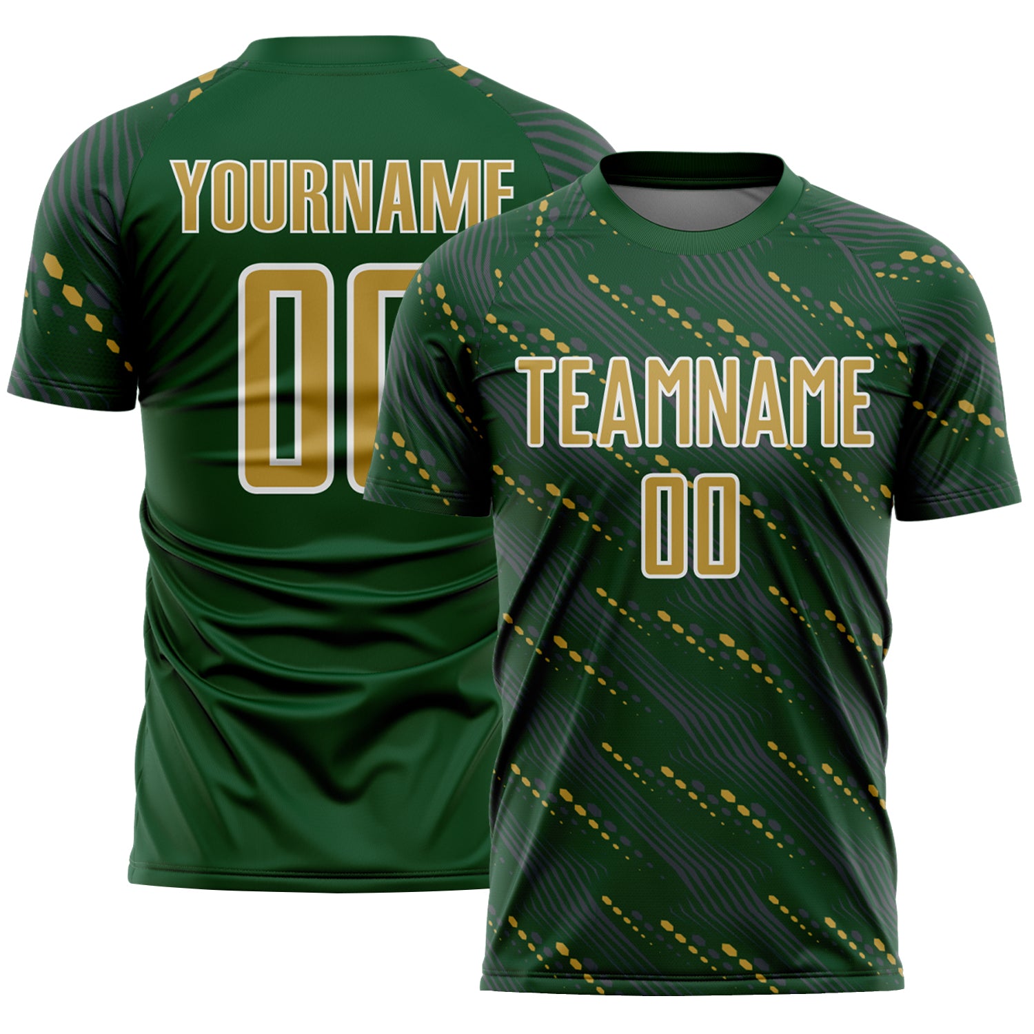 Custom Green Old Gold-White Slant Lines Sports Sublimation Soccer Uniform Jersey