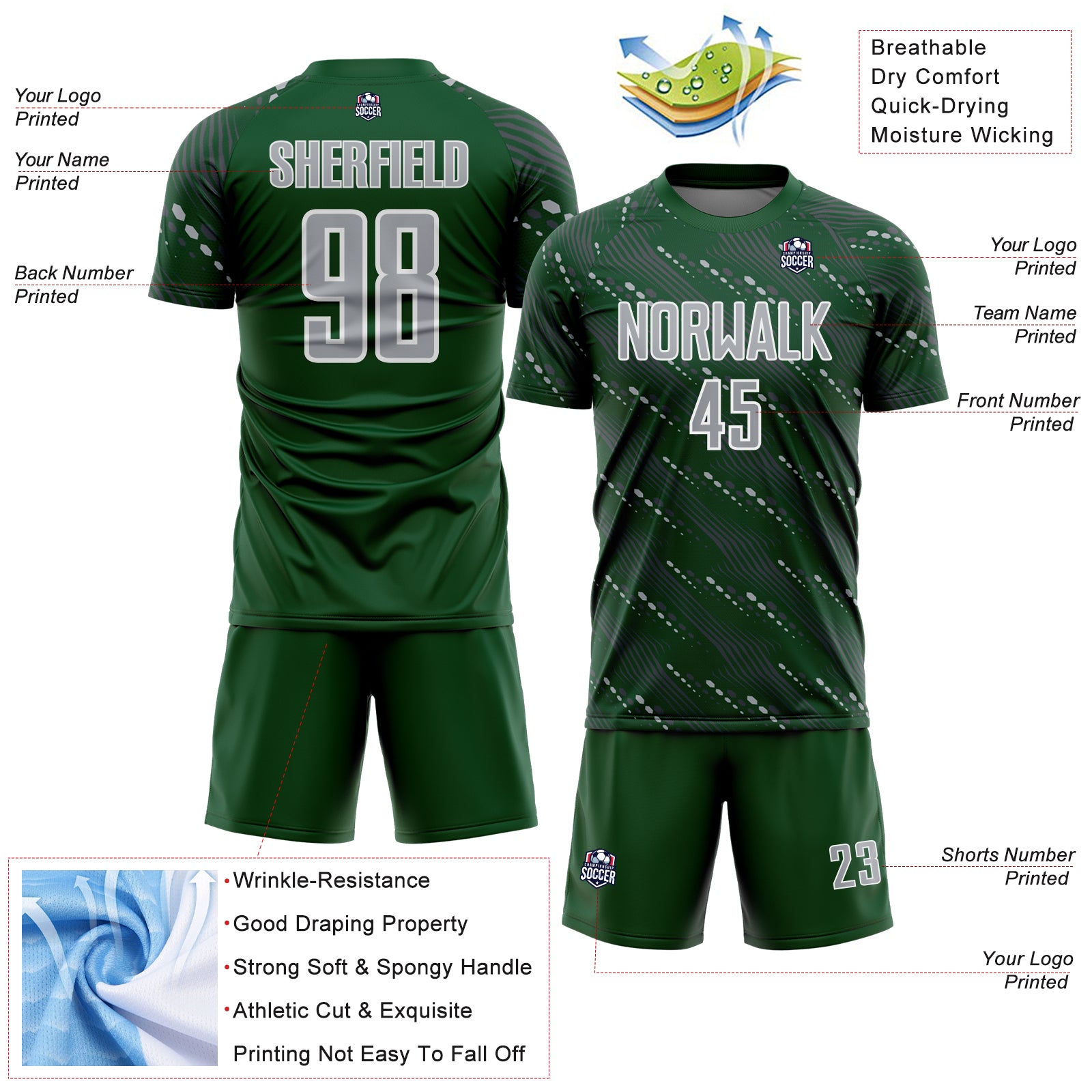 Custom Green Gray-White Slant Lines Sports Sublimation Soccer Uniform Jersey
