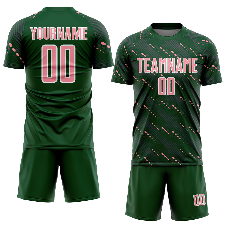 Custom Green Medium Pink-White Slant Lines Sports Sublimation Soccer Uniform Jersey