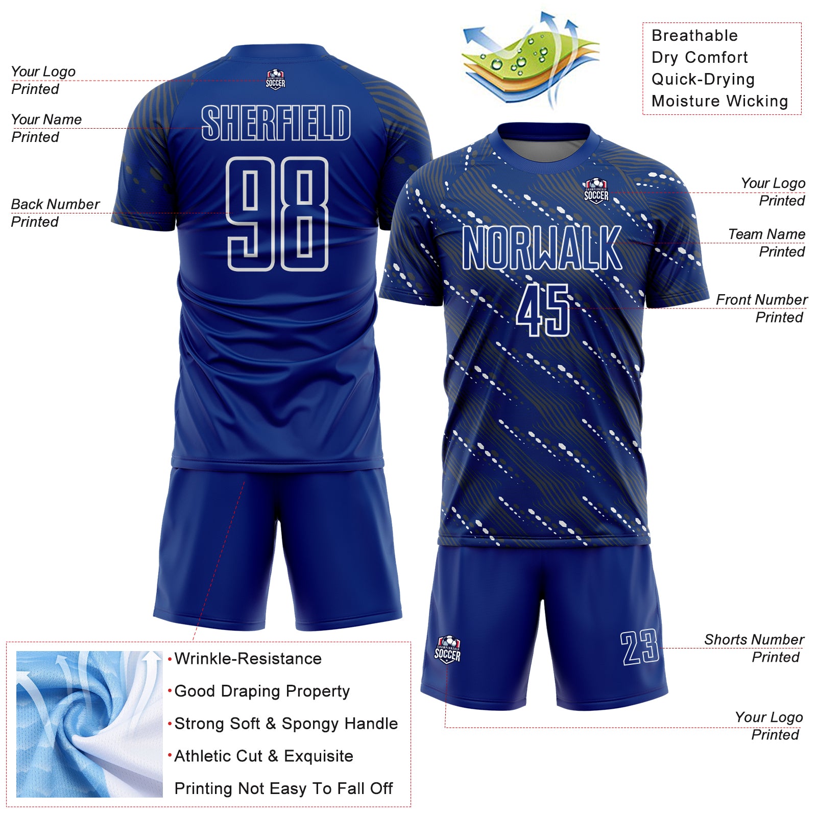 Custom Royal White Slant Lines Sports Sublimation Soccer Uniform Jersey