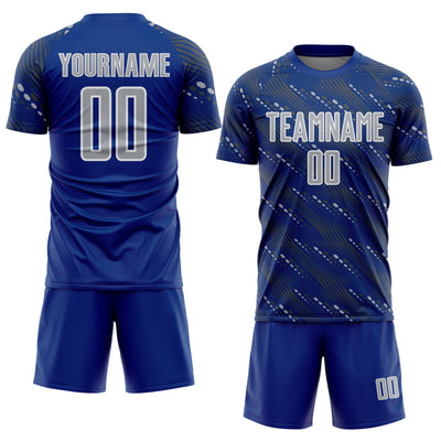 Custom Royal Gray-White Slant Lines Sports Sublimation Soccer Uniform Jersey
